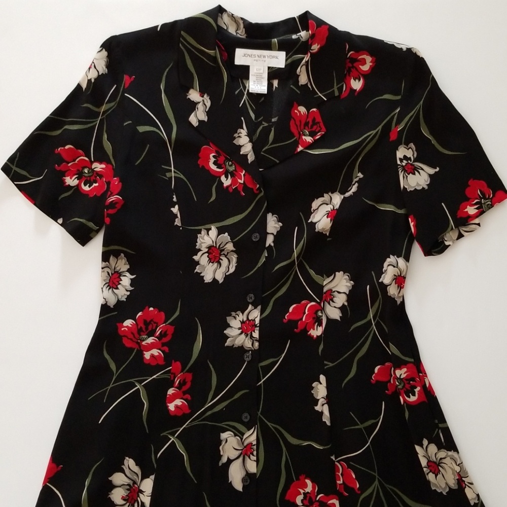 Vintage JNY Blk Floral, Button-Front Dress, 12P - Picture 1 of 5